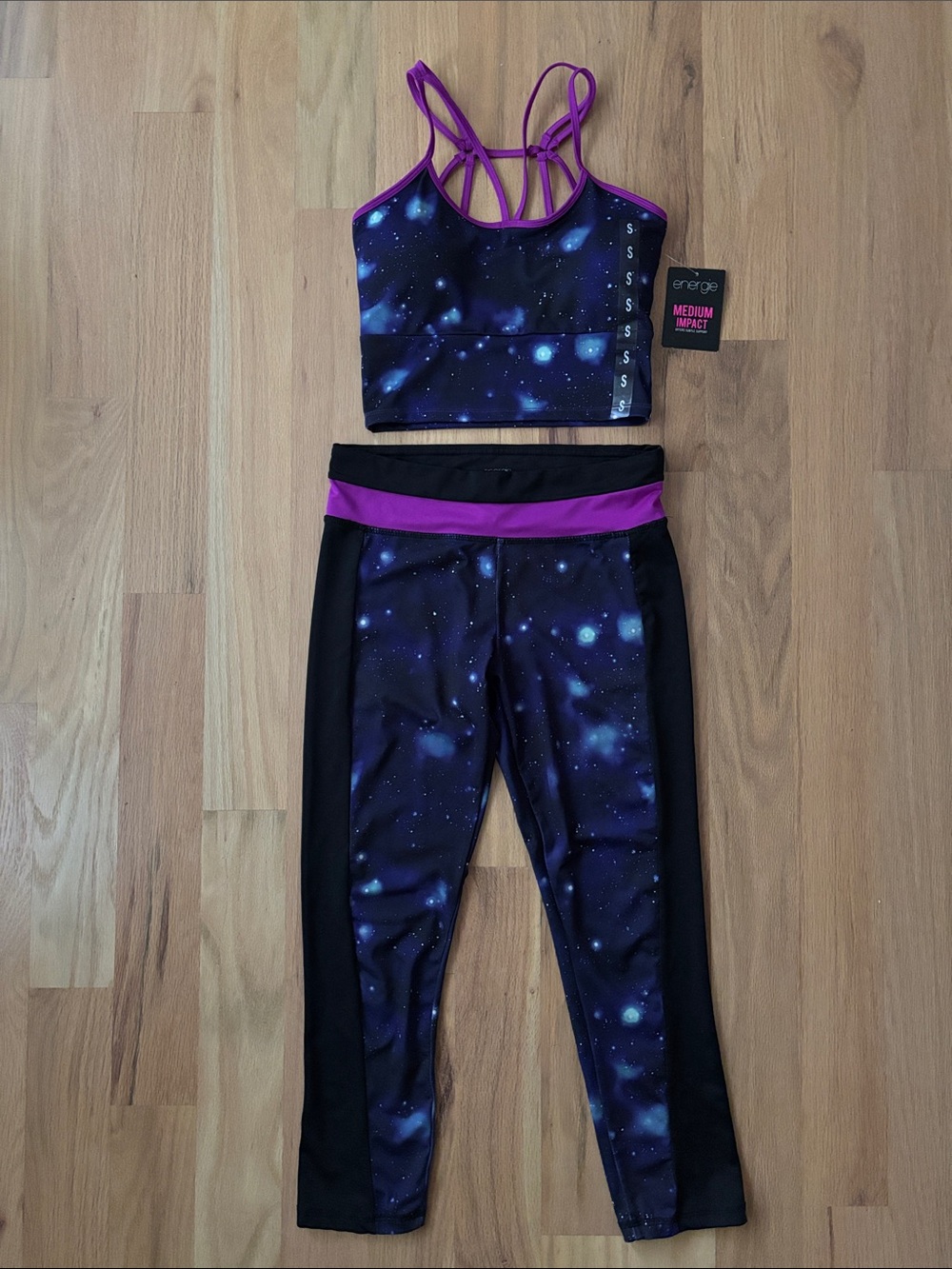 Energie Women’s Galaxy Print Leggings and Strappy Sports Bra - Purple & Black